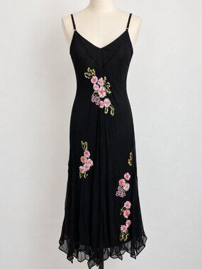 VTG Sue Wong Dress Womens 12 Black Silk Midi Floral Sequin Slip V Neck Nocturnel